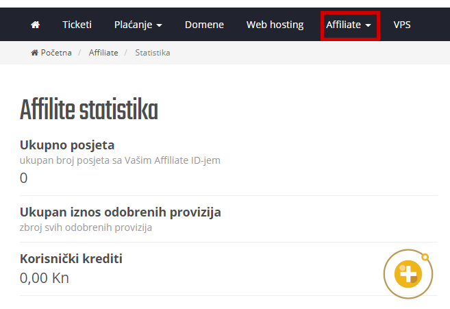 Affiliate prokram - korisničko sučelje
